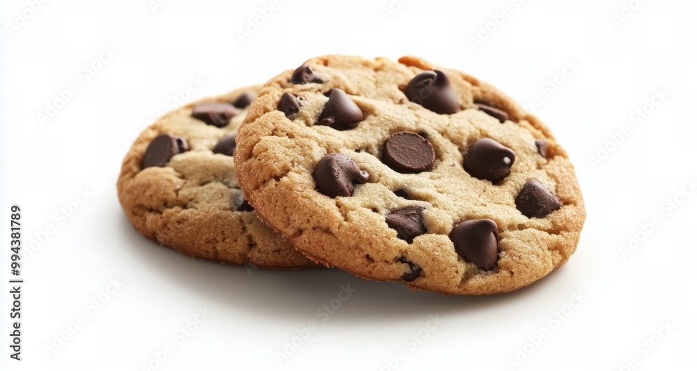 Freshly baked chocolate chip cookies on a white background ready for enjoyment