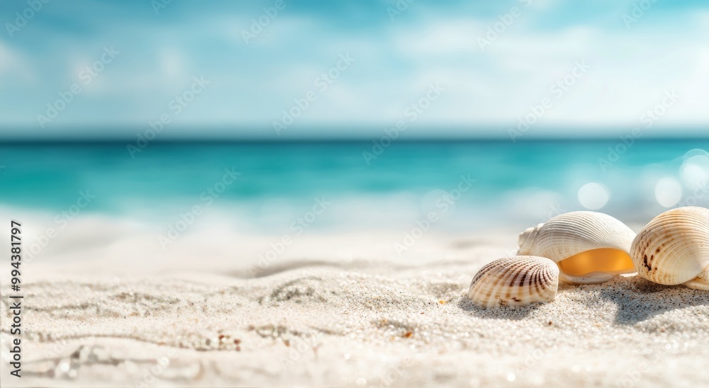 Calm beach with seashells on the sandy shore under a bright blue sky at midday Calm beach with seashells on the sandy shore under a bright blue sky at midday