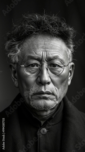 A black and white photo of an older man with glasses