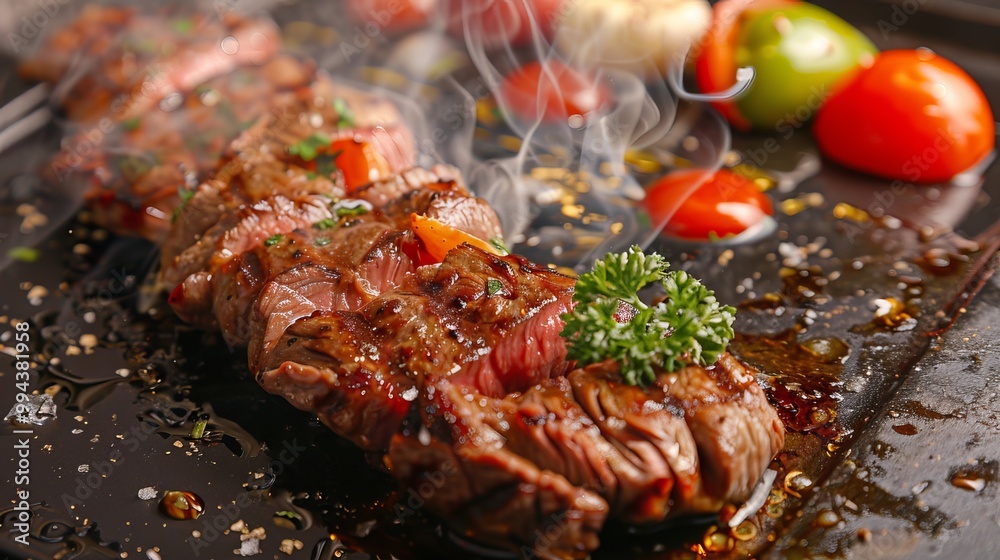 Mouthwatering grilled meat and vibrant vegetables sizzle on a hot barbecue, enticing you with every aroma. Mouthwatering grilled meat and vibrant vegetables sizzle on a hot barbecue, enticing you with every aroma.