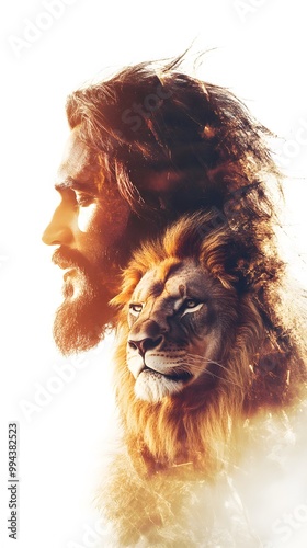 Jesus and a lion, double exposure photography, white background, surreal portrait style