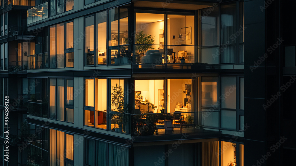 Evening ambiance from illuminated apartments in a modern urban complex at dusk Evening ambiance from illuminated apartments in a modern urban complex at dusk