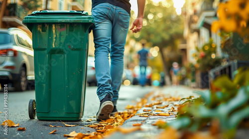 A person walking down a street with a green trash can photo