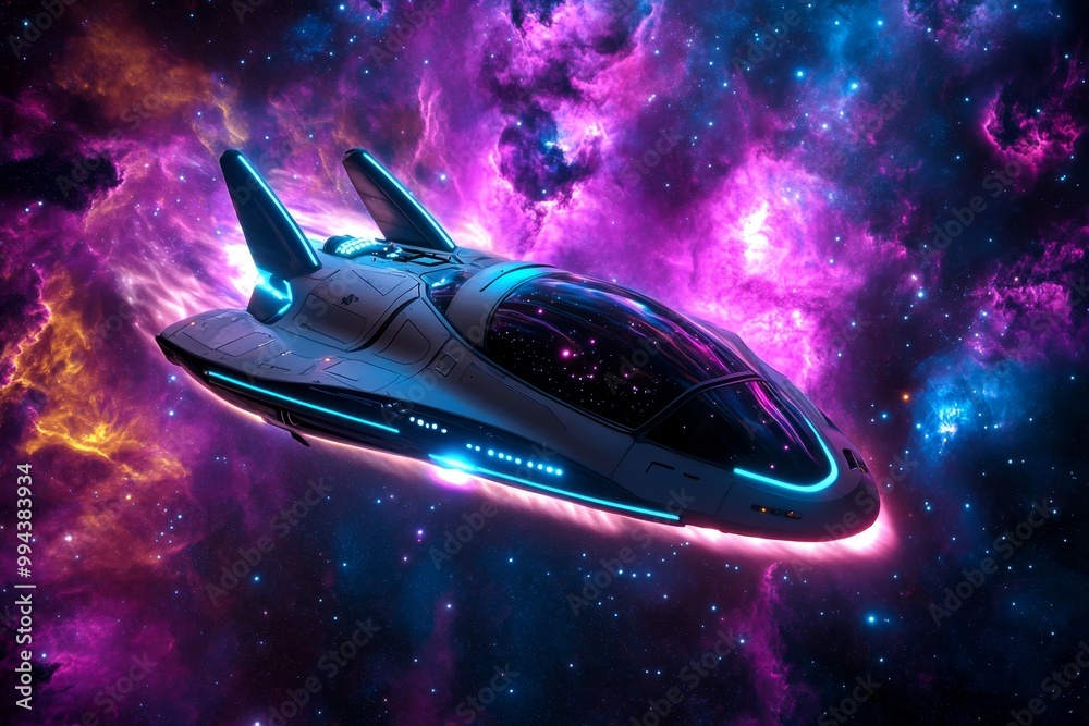 A glowing spaceship powered by magical energy, traveling through a nebula filled with vibrant colors and celestial phenomena A glowing spaceship powered by magical energy, traveling through a nebula filled with vibrant colors and celestial phenomena