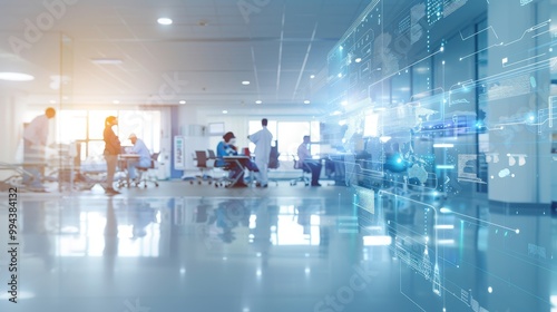 A modern healthcare setting with professionals collaborating, enhanced by digital overlays of data and technology, creating an innovative atmosphere.