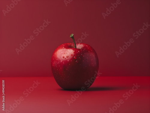 Bright red apple shines against rich crimson backdrop, showcasing v6 raw style photography. Classic and bold.