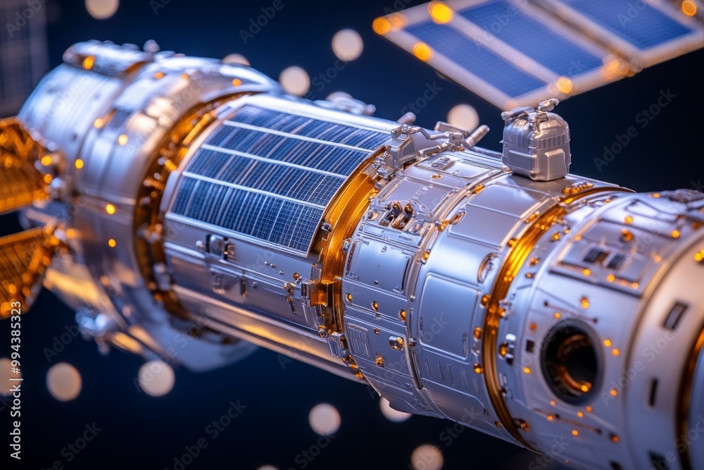 A hyper-realistic close-up of a space station module, capturing every detail of the metal, solar panels, and docking ports A hyper-realistic close-up of a space station module, capturing every detail of the metal, solar panels, and docking ports