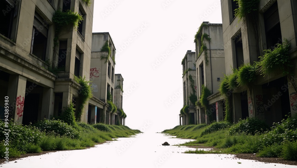 Fototapeta premium Overgrown post-apocalyptic cityscape at sunset minimalist style on white background