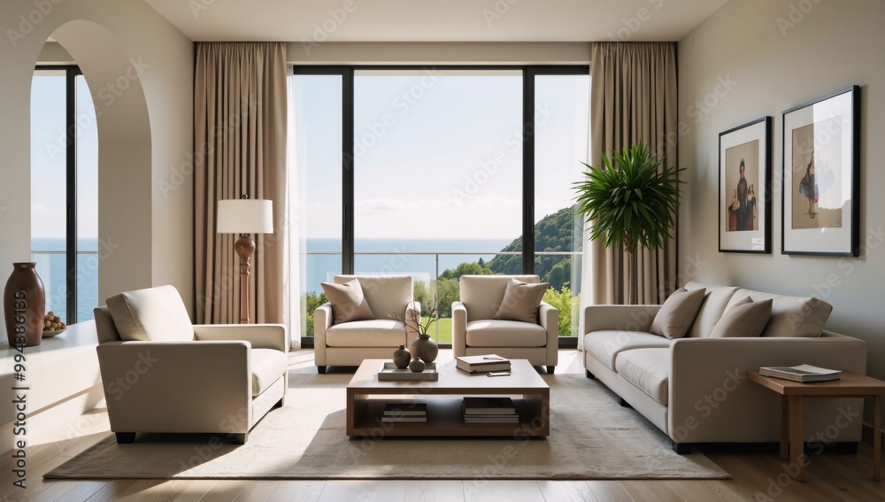 Cozy beige living room featuring two armchairs sofa and panoramic window Cozy beige living room featuring two armchairs sofa and panoramic window