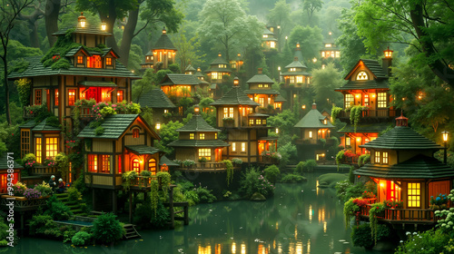 A group of small houses in the middle of a forest photo