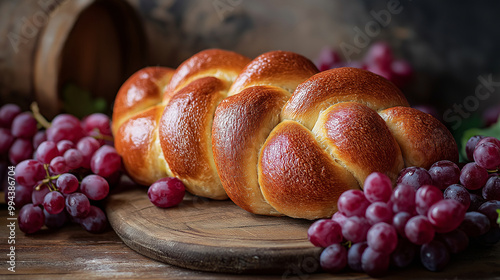 Challah Bread and Grapes, a rustic scene featuring braided challah and grapes, symbolizing abundance and blessings, with copy space, Rosh Hashana