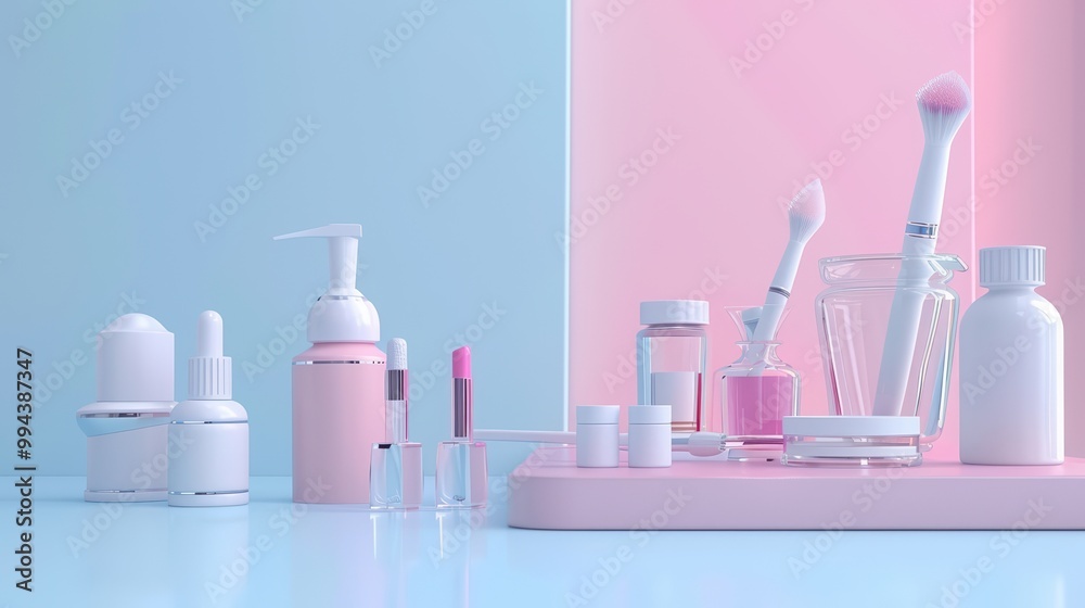 A tranquil arrangement of skincare and makeup products on a pastel backdrop, perfect for beauty and wellness themes.