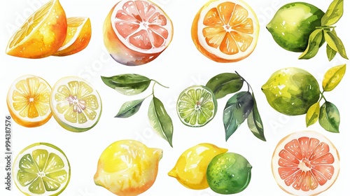 A vibrant assortment of hand-painted citrus fruits, including lemons, limes, and grapefruits, showcasing their vivid colors and textures.