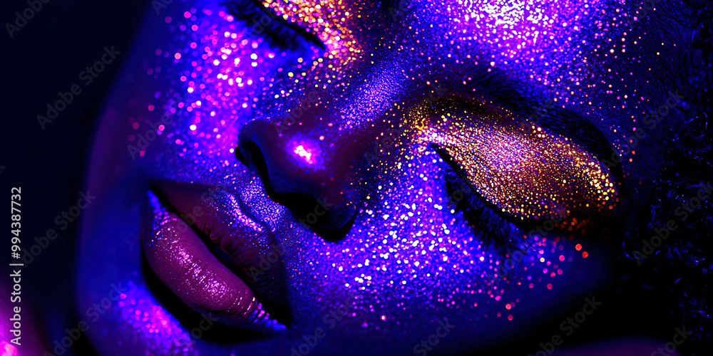 Close-Up of Woman with Vibrant Glitter Makeup Close-Up of Woman with Vibrant Glitter Makeup