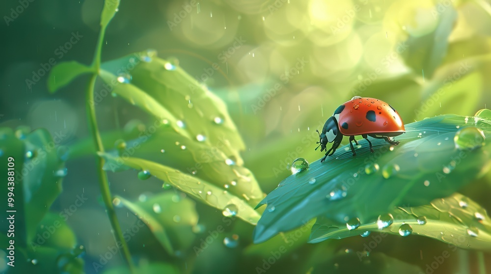 Obraz premium A vibrant ladybug rests on a leaf adorned with dew drops, showcasing a serene moment in nature's beauty.