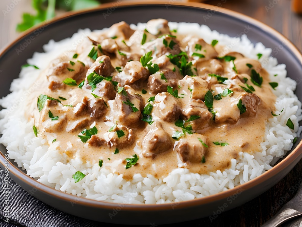 Beef stroganoff with rice