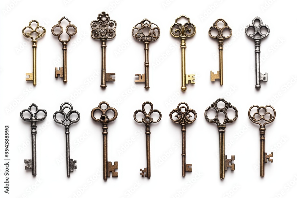 Variety of twelve antique keys are lying on a white background, showcasing their intricate designs and metallic finishes Variety of twelve antique keys are lying on a white background, showcasing their intricate designs and metallic finishes