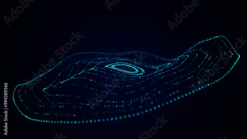 Abstract background with dynamic wave. Circular wave of dots. Musical sound wave. Dark background. Big data visualization. Plexus. Vector illustration.