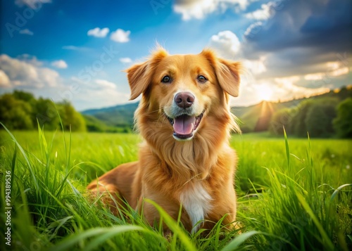 Playful Toller Golden Mix in a Lush Green Field Enjoying a Sunny Day of Fun and Adventure