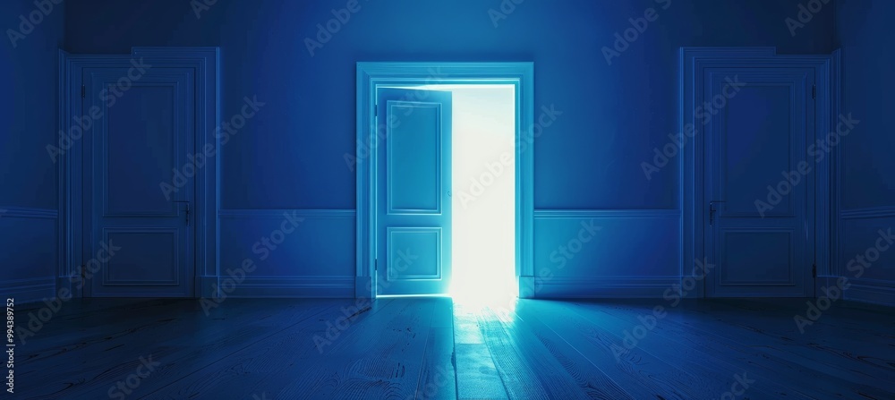 Open door in a dark, minimalist setting with a burst of light creating a striking contrast. Open door in a dark, minimalist setting with a burst of light creating a striking contrast.