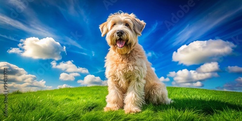 Playful Wheaton Terrier Sitting on Green Grass with a Bright Blue Sky in the Background photo