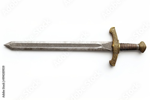 Medieval sword laying on white background exhibiting ornate hilt and celtic knotwork