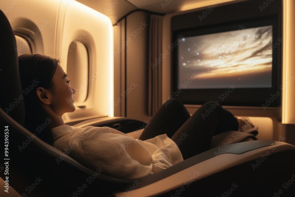 Young woman is enjoying a relaxing flight in a luxury first class airplane seat, watching a movie on the large entertainment screen Young woman is enjoying a relaxing flight in a luxury first class airplane seat, watching a movie on the large entertainment screen