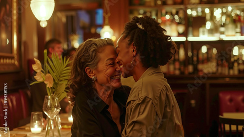 A woman and a woman sitting at a table in a restaurant photo