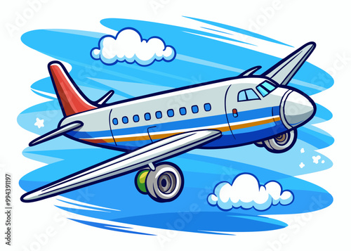 airplane in the blue sky cartoon vector illustration, air isolated background