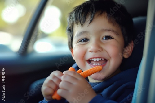 Happy child eating carrots in the back seat of a car during a family trip photo