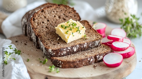 Black bread with butter and radishes