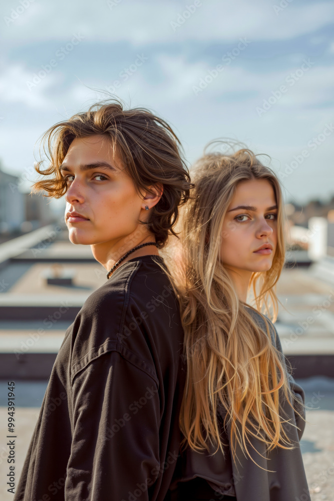 A man and a woman standing next to each other on a roof A man and a woman standing next to each other on a roof