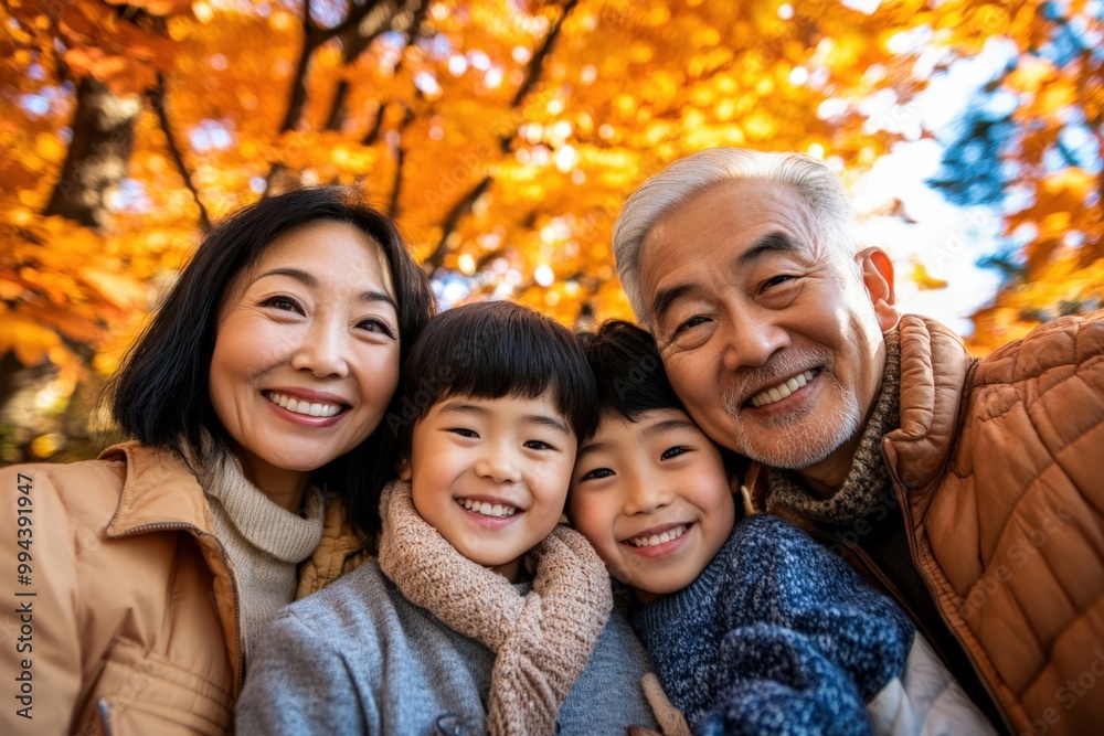 Multi-generation asian family is posing for a selfie in front of colorful autumn leaves Multi-generation asian family is posing for a selfie in front of colorful autumn leaves