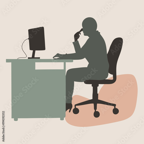 a black silhouette of a person sitting at a desk. The person is sitting on a high-back office chair with their legs crossed and their hands resting on the armrests of the chair 