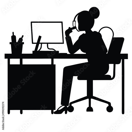 a black silhouette of a person sitting at a desk. The person is sitting on a high-back office chair with their legs crossed and their hands resting on the armrests of the chair 
