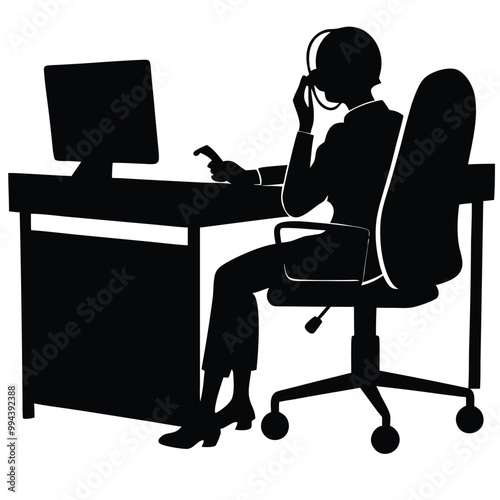 a black silhouette of a person sitting at a desk. The person is sitting on a high-back office chair with their legs crossed and their hands resting on the armrests of the chair 