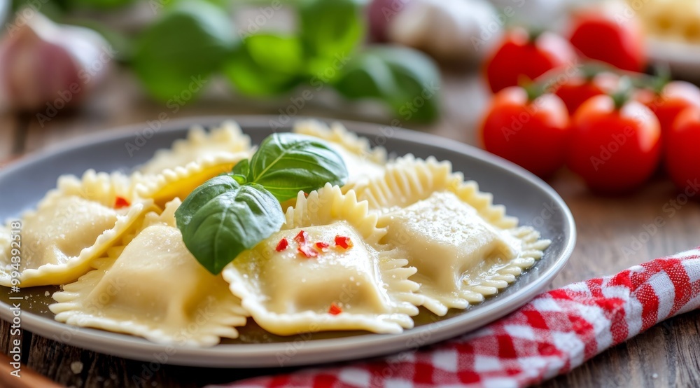 Delicious ravioli served on a plate with fresh basil and tomatoes in a cozy kitchen setting Delicious ravioli served on a plate with fresh basil and tomatoes in a cozy kitchen setting