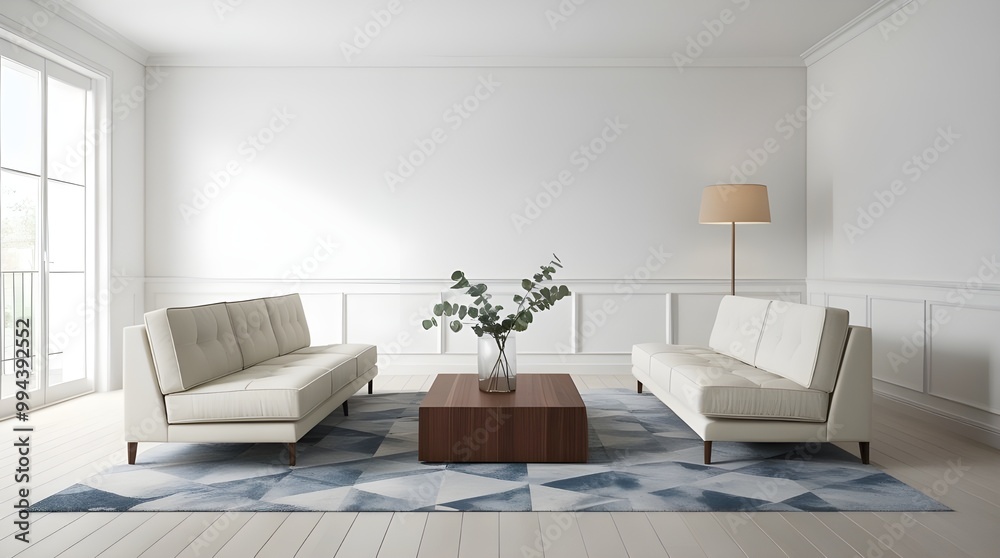 Fototapeta premium Modern Scandinavian living room featuring a white interior, blue rug, and two stylish couches. 