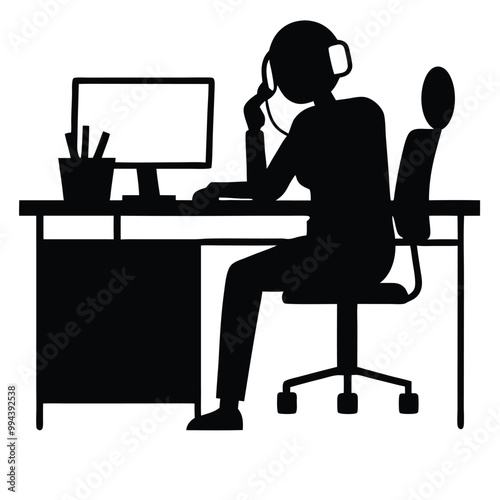 a black silhouette of a person sitting at a desk. The person is sitting on a high-back office chair with their legs crossed and their hands resting on the armrests of the chair 
