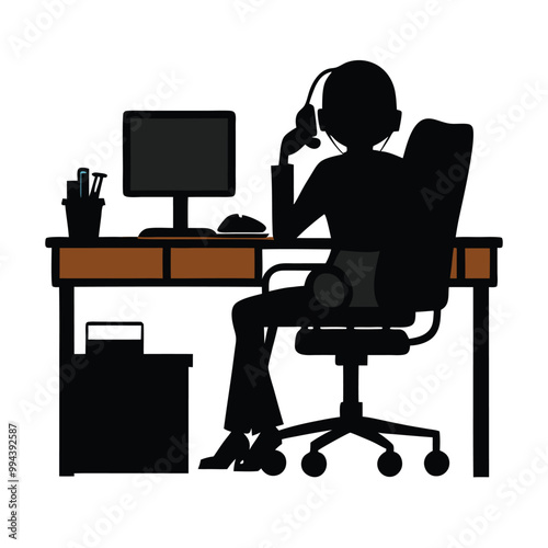 a black silhouette of a person sitting at a desk. The person is sitting on a high-back office chair with their legs crossed and their hands resting on the armrests of the chair 