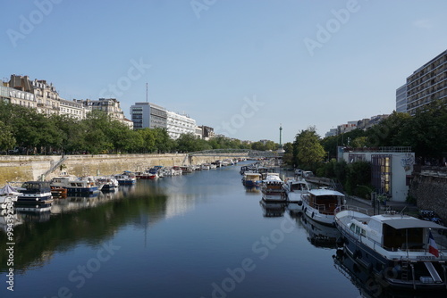 Boats lined up along Saint-Martin in Paris