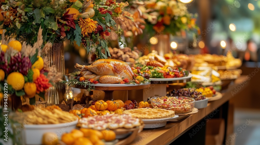 A beautifully arranged buffet table featuring Thanksgiving dishes like roasted turkey, pies, and seasonal vegetables. The table is decorated with fall flowers, pumpkins, and candles, creating a festiv