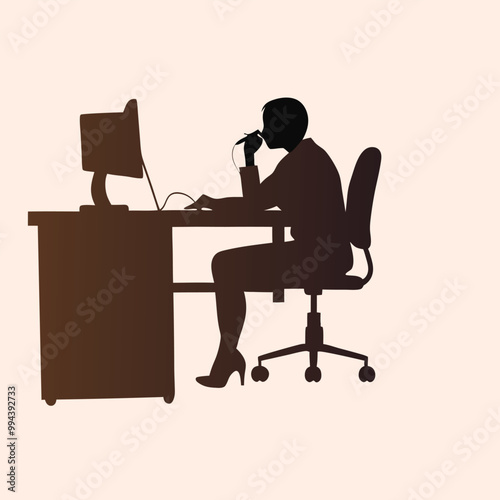 a black silhouette of a person sitting at a desk. The person is sitting on a high-back office chair with their legs crossed and their hands resting on the armrests of the chair 
