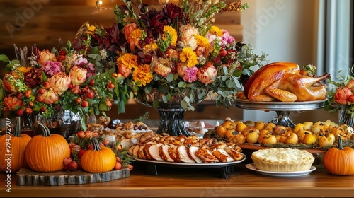 A beautifully arranged buffet table featuring Thanksgiving dishes like roasted turkey, pies, and seasonal vegetables. The table is decorated with fall flowers, pumpkins, and candles, creating a festiv