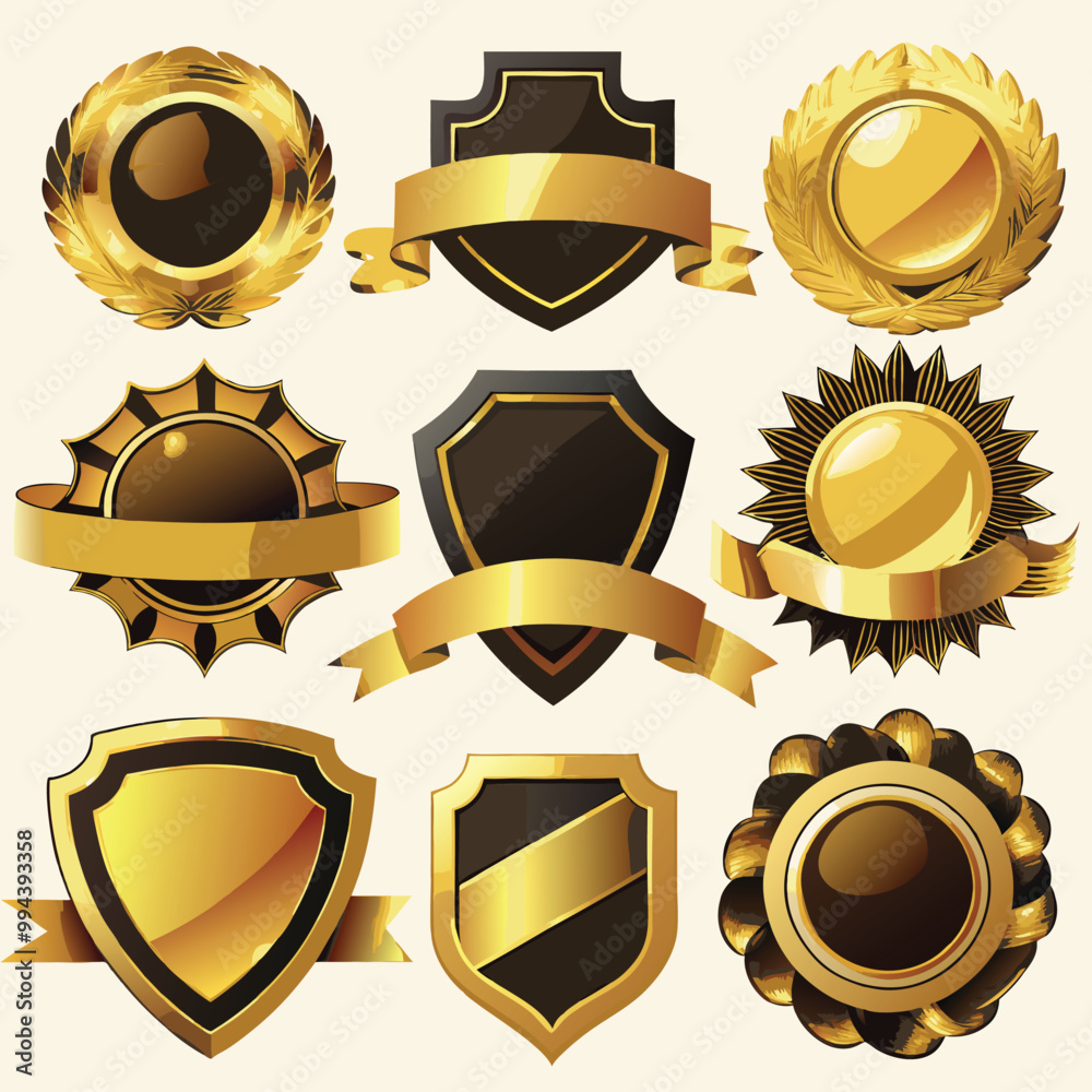 Gold Luxury Badge and Ribbon Collection Vector Set – Star, Shield, Emblem, Wreath, Banner Icons on a White Background for Virtual Competition or Award Ceremony Design Template Gold Luxury Badge and Ribbon Collection Vector Set – Star, Shield, Emblem, Wreath, Banner Icons on a White Background for Virtual Competition or Award Ceremony Design Template