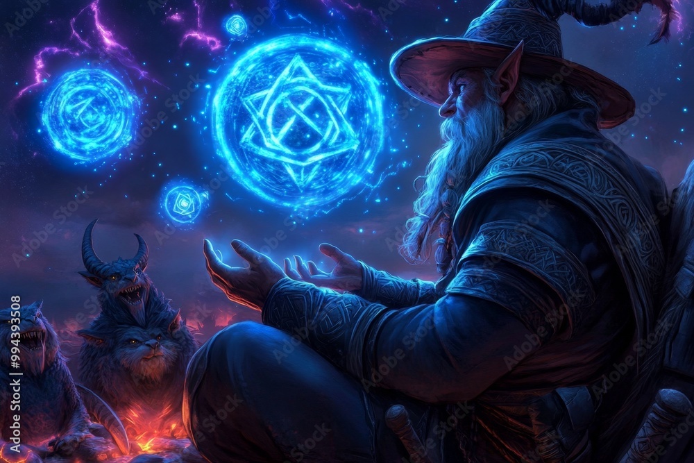 Fototapeta premium A wizard telling a tale of ancient magic, with glowing runes floating in the air and mythical creatures gathering around to listen