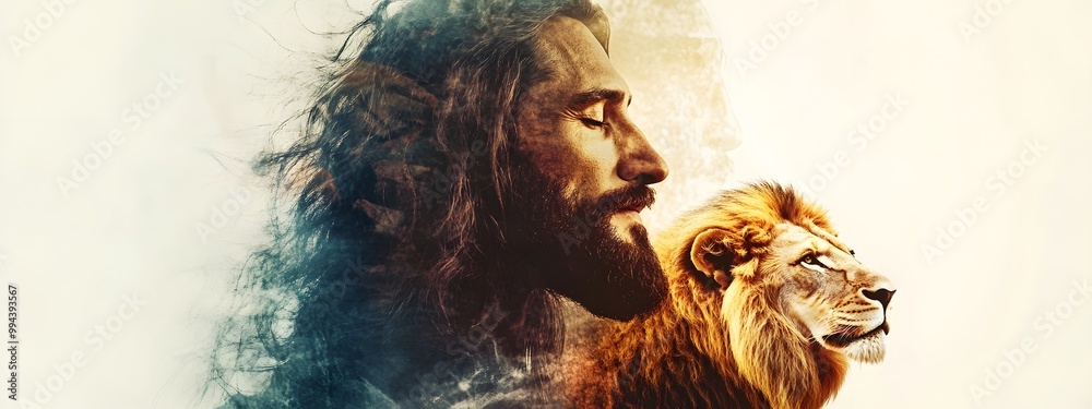 Jesus and a lion, double exposure photography, white background, surreal portrait style Jesus and a lion, double exposure photography, white background, surreal portrait style