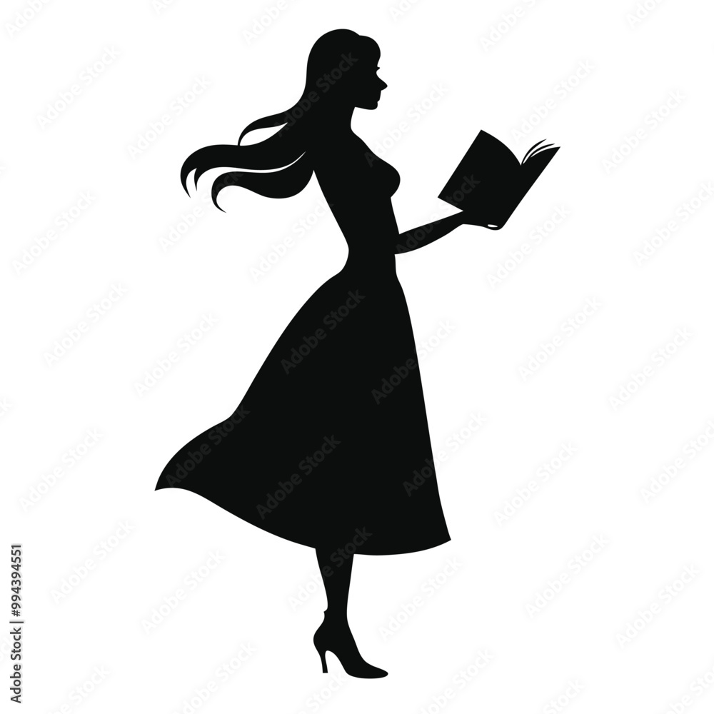 Fototapeta premium a woman standing and reading a book. She is wearing a long dress and has long hair that is flowing in the wind, vector silhouette,