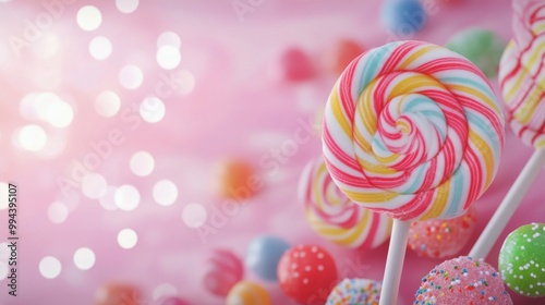 Colorful lollipops and candy treats scattered on a pink background for a festive atmosphere