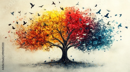 Colorful rainbow tree of life wall art, Stylized 3D tree of life in bright rainbow colors on a white background.
